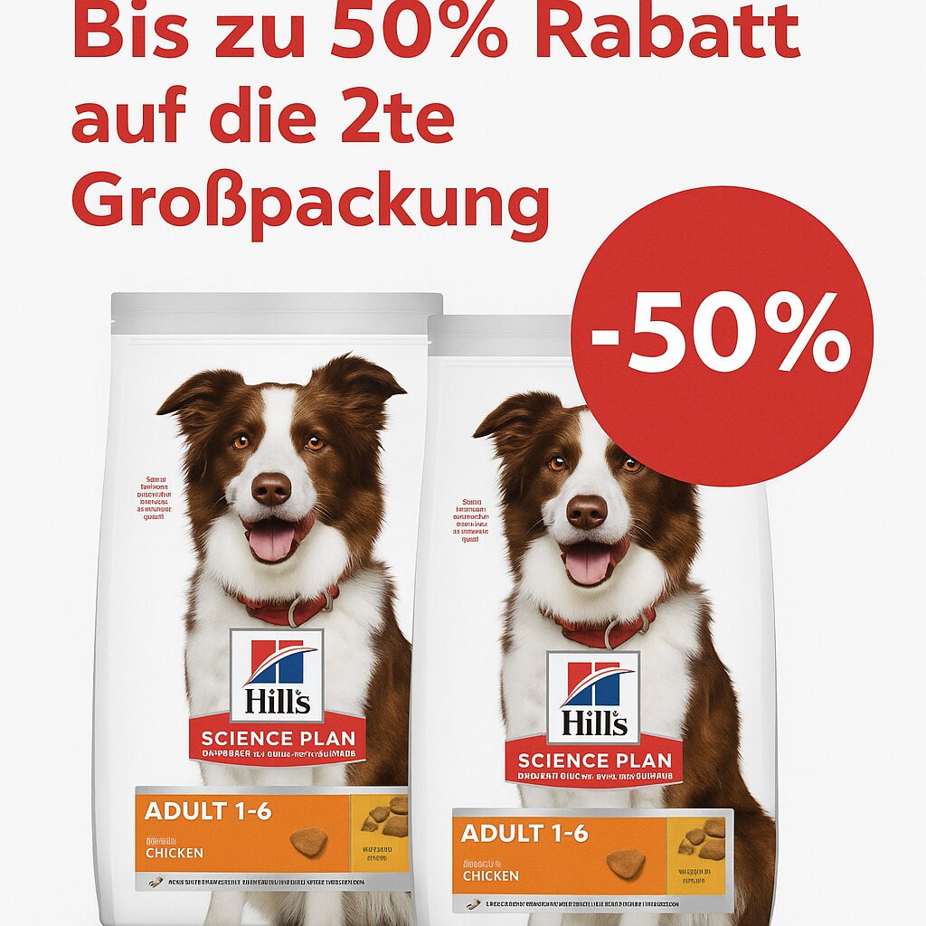 Zwei große Säcke Hill’s Science Plan Hundefutter nebeneinander, beworben mit Rabattaktion bei Brekz