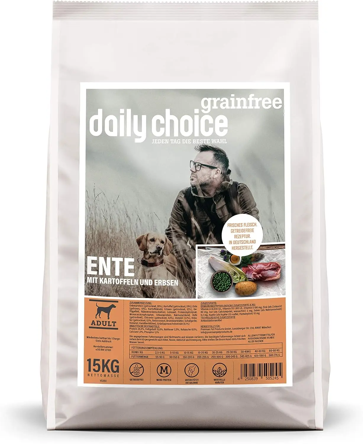 Grainfree Hundefutter Ente mit Kartoffeln und Erbsen.