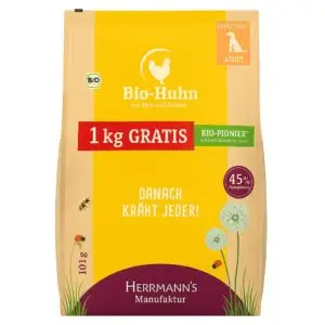 Herrmann’s Bio-Huhn mit Reis & Erbsen – 10+1 kg Trockenfutter für Hunde, Bio-Qualität