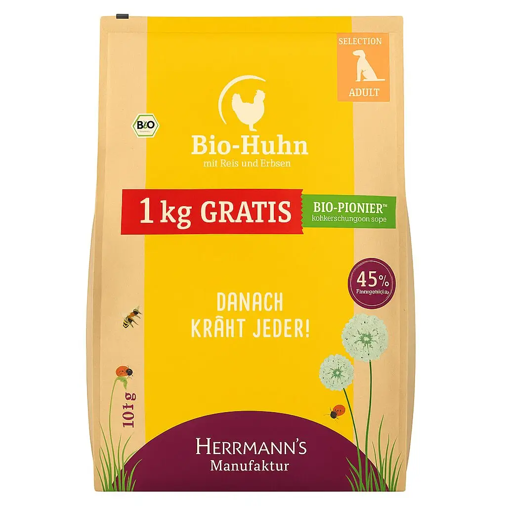 Herrmann’s Bio-Huhn mit Reis & Erbsen – 10+1 kg Trockenfutter für Hunde, Bio-Qualität